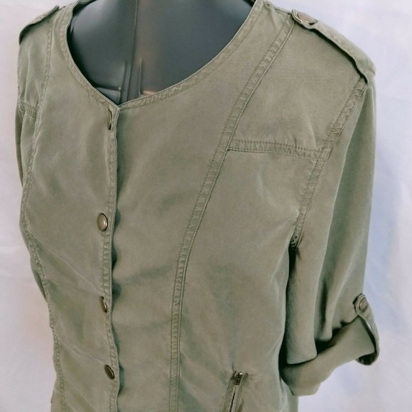 Market & Spruce Light Jacket Shirt Shacket M Olive Green Snap Roll Tab 3/4 Slv - Picture 10 of 11